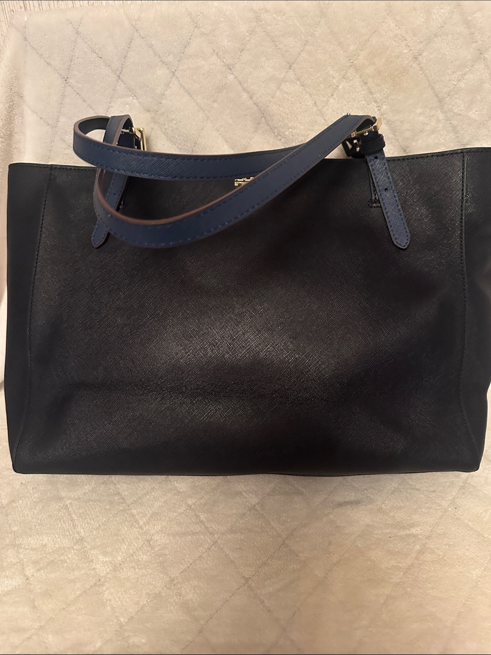 Tory Burch Midnight Navy Leather Tote with Contrast Straps